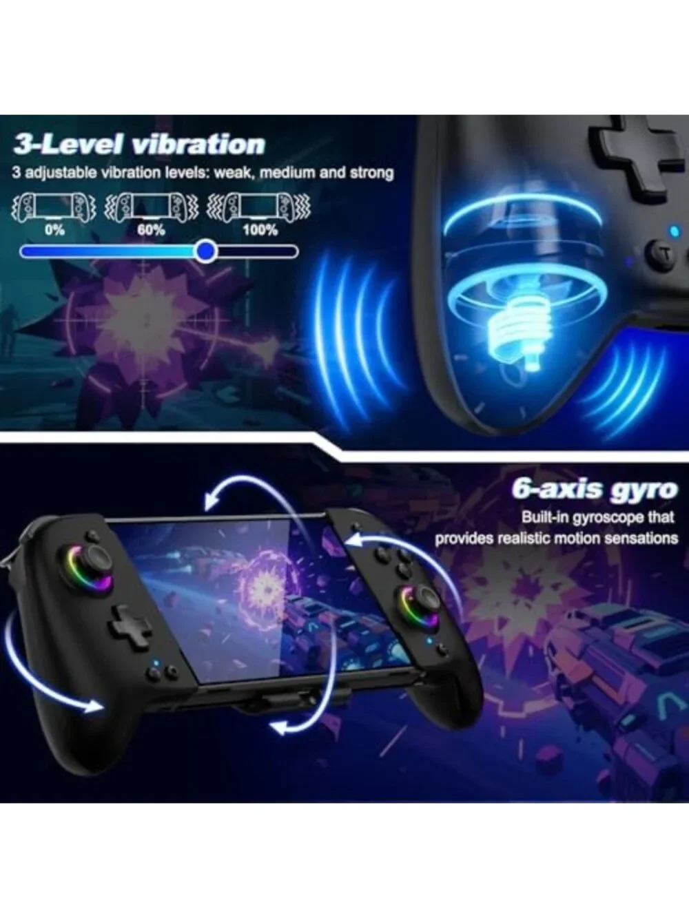 Enhanced Grip Switch Controller with Hall Effect Joysticks & RGB Lighting